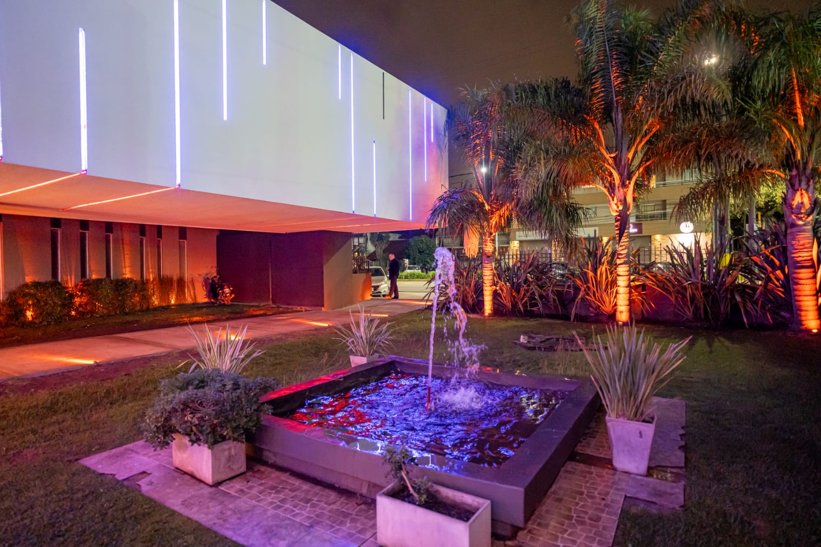 Jardín y fuente de acceso al salón